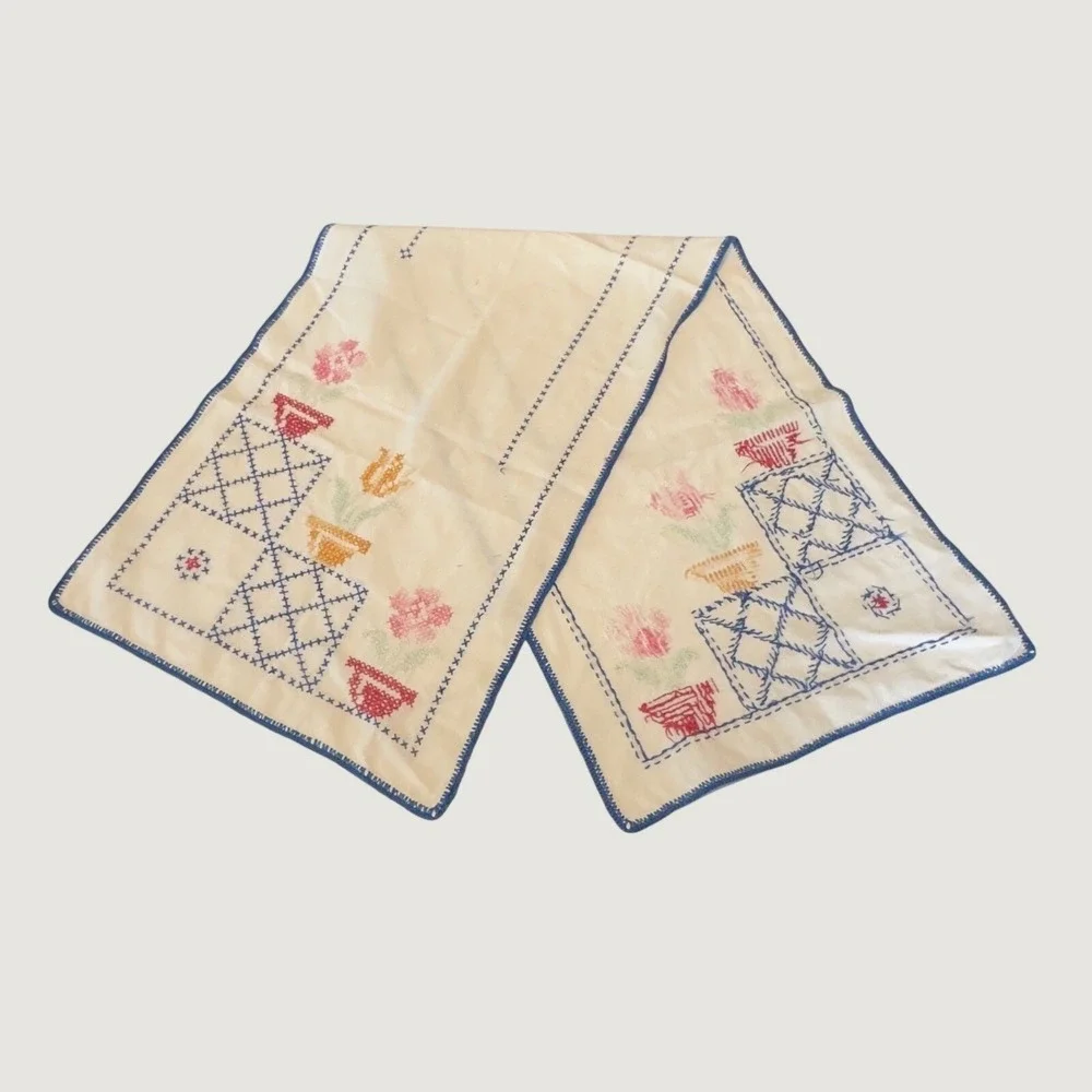 Vtg‎ Hand Embroidered Floral Cross Stitch Table Runner Blue Crochet Edge 40x13